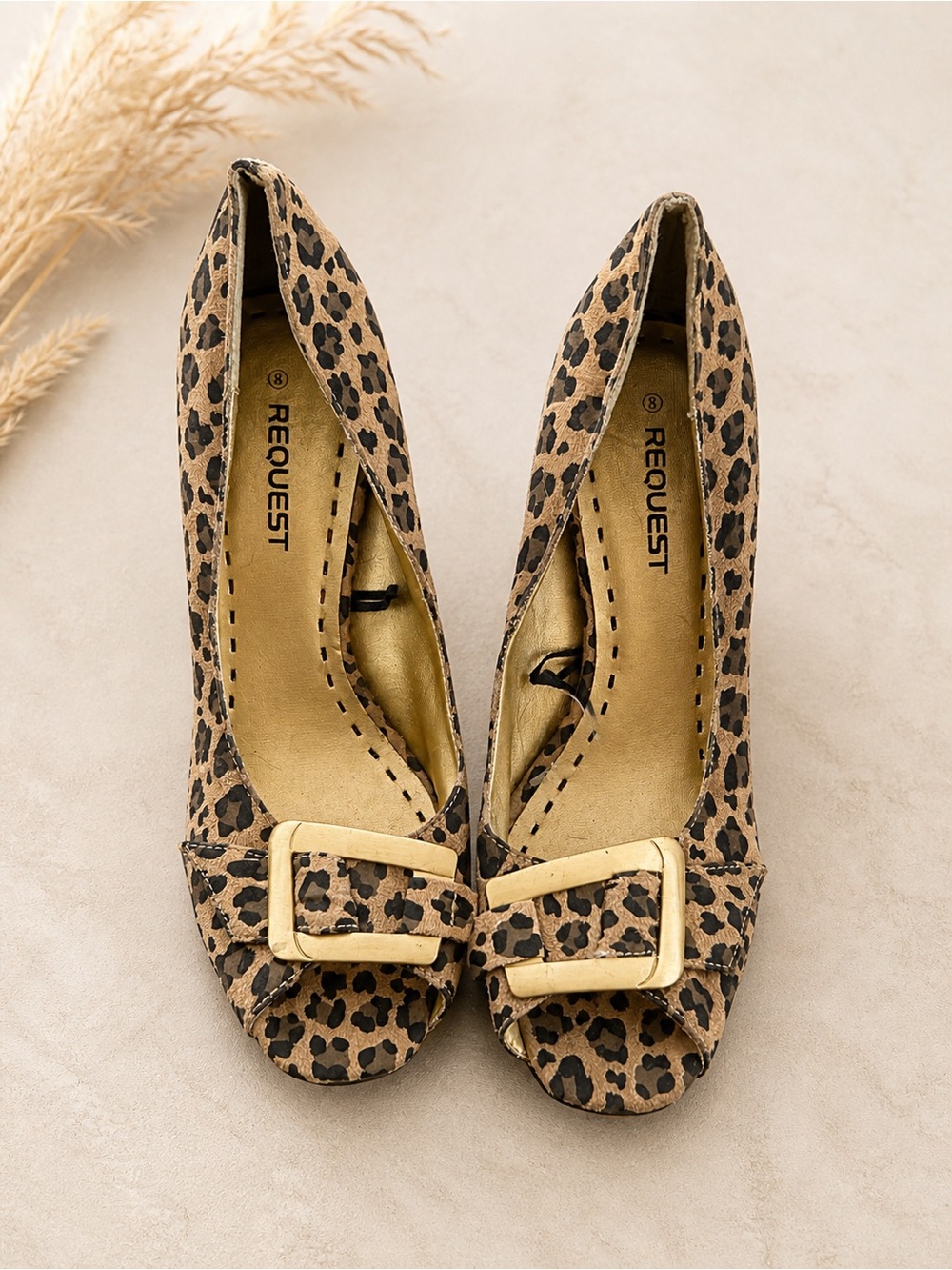 Vintage Y2K REQUEST Leopard Print Heels Size 8 Peep Toe Buckle High Heel 4 Inch